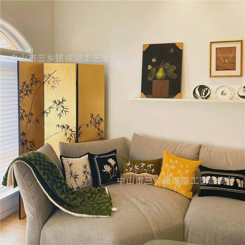 金箔屏风手绘竹子新中式别墅会所办公室客厅酒店餐厅移动折叠屏风