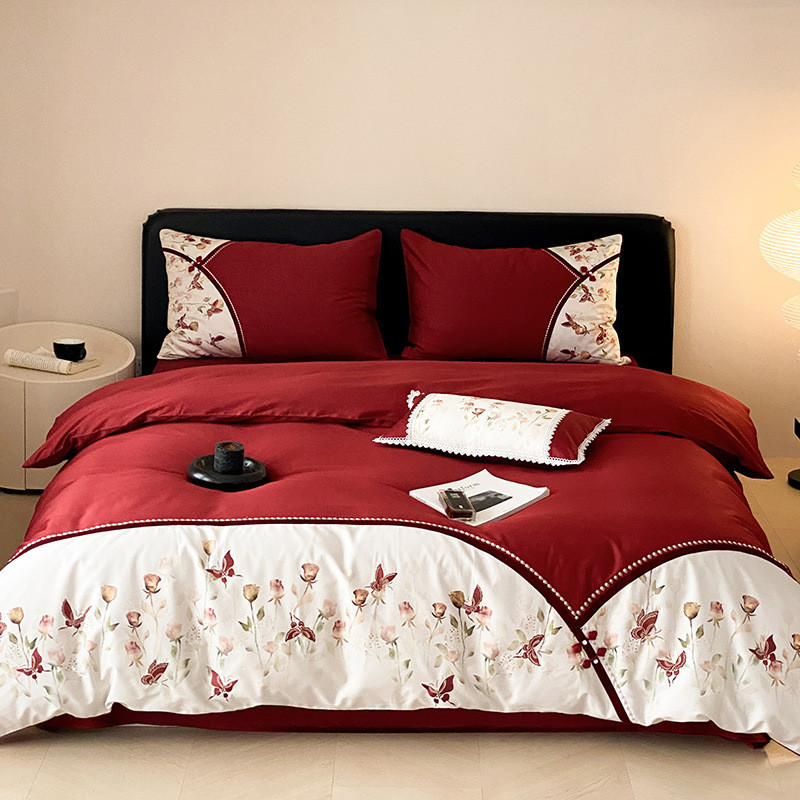 2浪漫婚庆100s长绒棉全棉被套花卉刺绣四件套少女心结婚床上用品