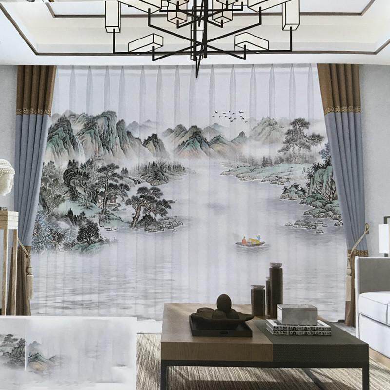 新中式山水墨画窗帘客厅书房复古窗帘绣花纱落地雪尼尔星星窗帘