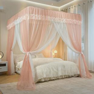 落地蚊帐家用三开公主风床幔加密加厚双层纱撞色卧室门宫廷纹帐