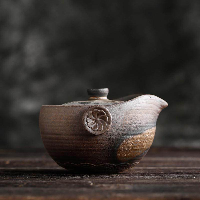 手大号鎏金粗陶抓壶新中式荷韵家居装饰柴烧手工复古茶具茶壶