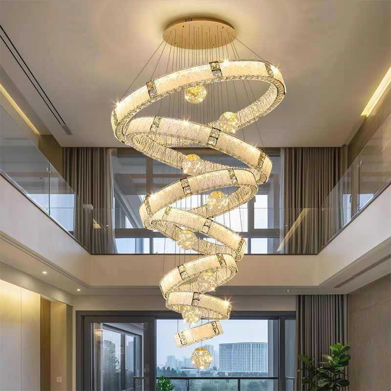 复式楼别墅大吊灯现代轻奢挑空水晶灯楼中楼loft公寓大灯旋转长灯