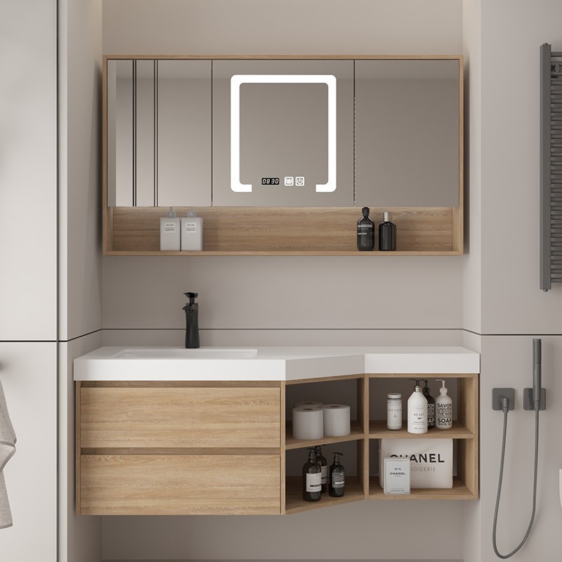 热销原木色岩板陶瓷盆切角斜浴室柜组合窄异形卫生间洗脸洗手池洗