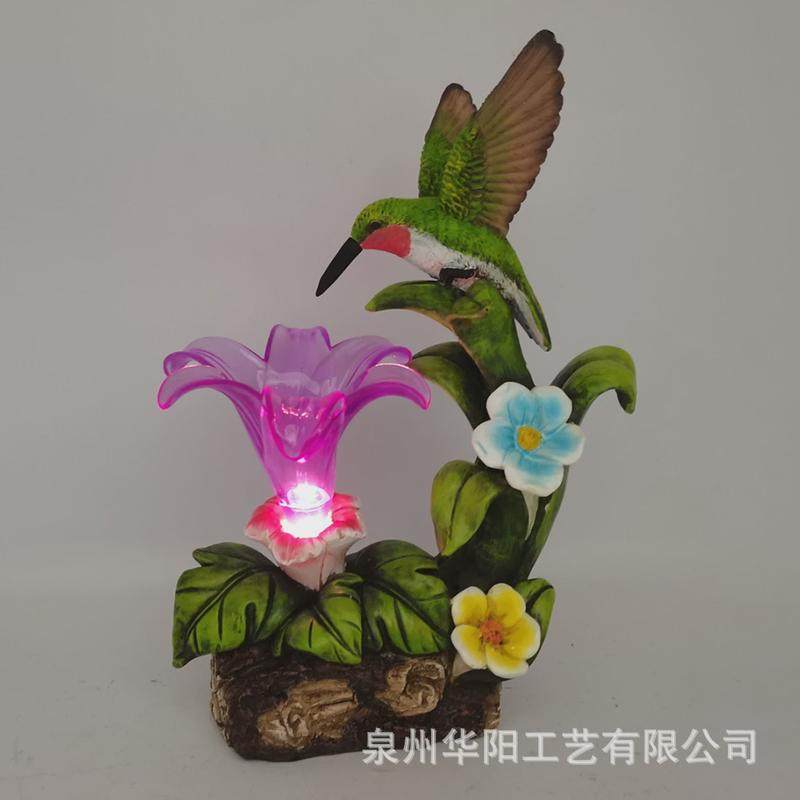 太阳能庭院树脂工艺品蜂鸟雕像装饰喇叭花裂纹玻璃球花园草坪摆件