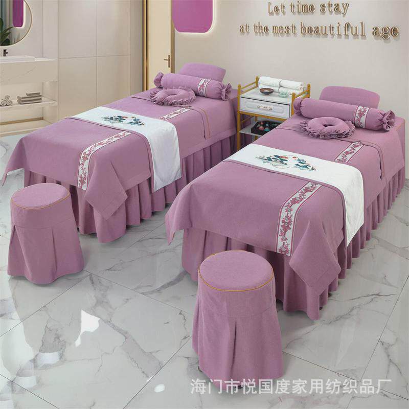 高档棉麻美容床罩四件套新中式简约按摩床裙荷叶花边床套四季通用