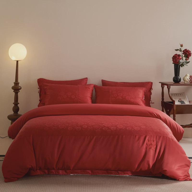 中式刺绣澳棉磨毛婚庆四件套大红色床单被套多件套结婚床上用品4