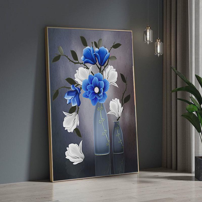 适用5d餐厅花瓶钻石画新款满钻蓝色花朵清新花卉半贴钻点钻十字绣