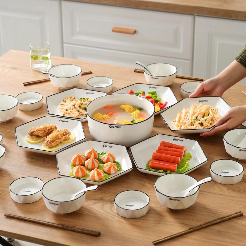 热销陶瓷拼盘餐具组合套装六角盘子菜盘家用聚餐碗碟家庭年夜饭轻