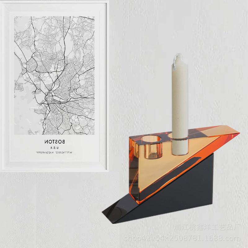 简约轻奢桌面摆件拼色水晶烛台摆件软装样板房装饰品三角工艺品