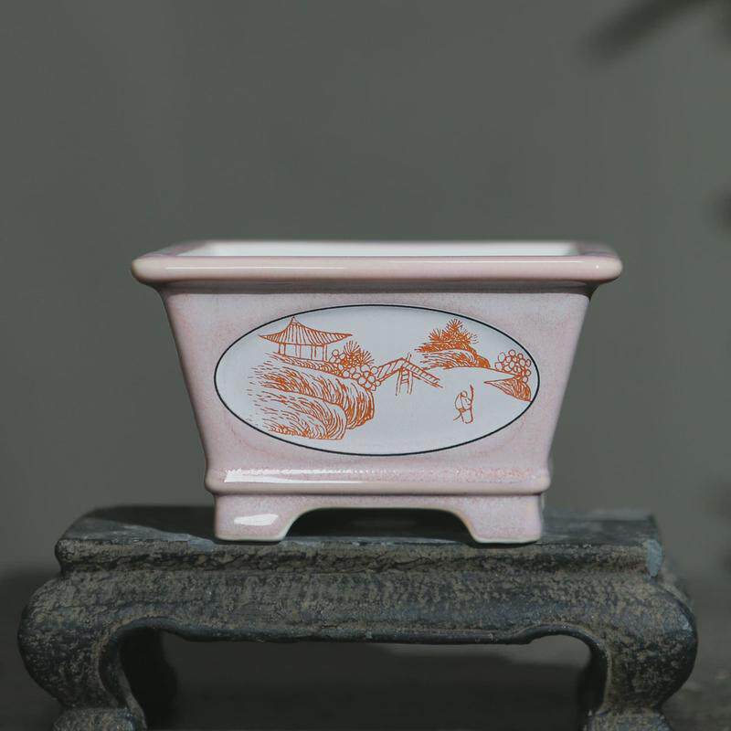 紫砂花盆盆美工正方形手绘盆手工贴画山水菖蒲盆陶瓷盆景盆觅陶乡