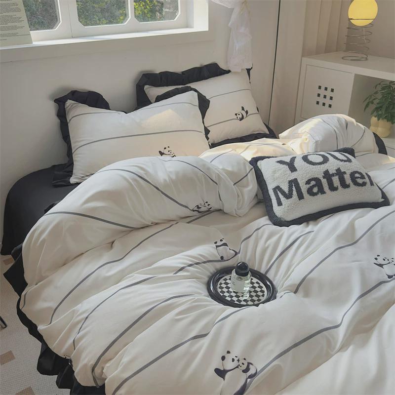 ins赫本风黑色花边素描水洗棉四件套床单被套学生宿舍床上三件套