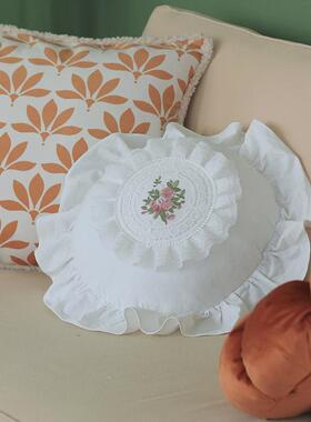 61k3法式蕾丝抱枕全棉方ins抱枕白色枕腰枕美式靠垫沙发卧室靠枕