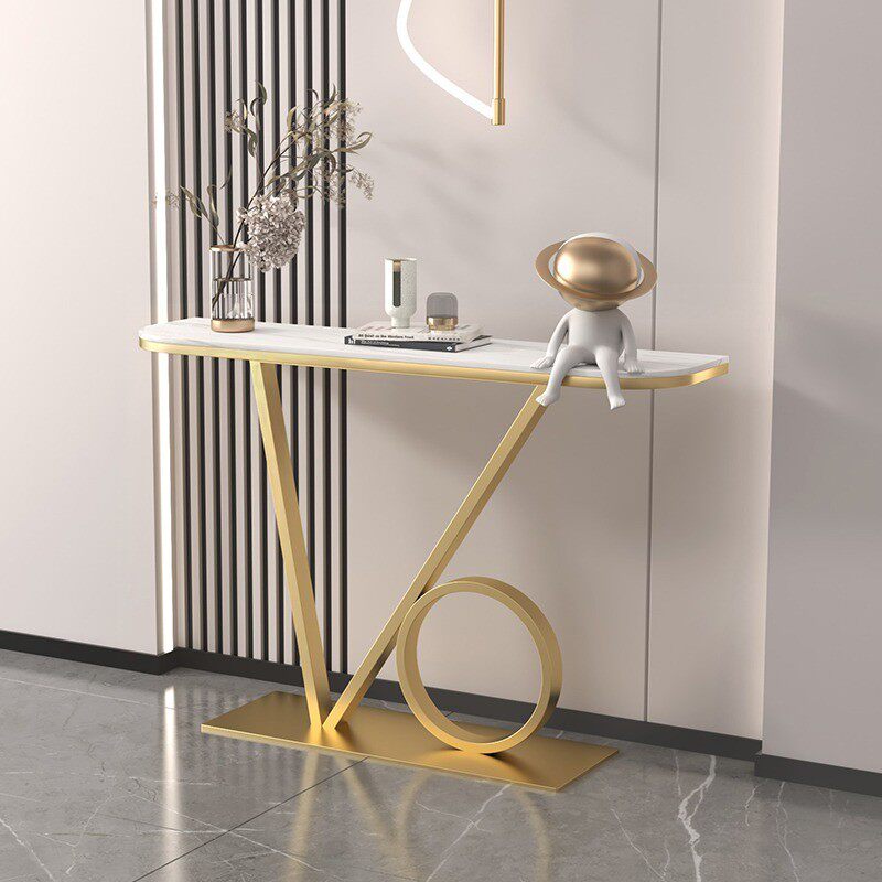 轻奢玄关桌入户装饰玄关柜简约现代半圆巖板新中式条案玄关台创意