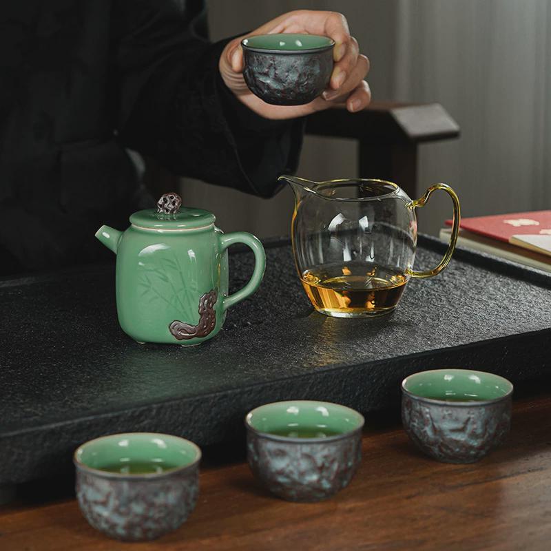 中式竹石竹报平安陶瓷家用青瓷茶器茶具茶壶茶杯品茗泡茶送礼套装