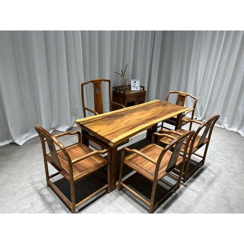 巴花大板桌实木大板办公桌茶桌茶台家用原木新中式大板桌椅组合套