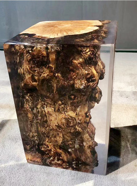 凳子透明环氧树脂墩子水晶原木茶凳摆件亚克力软装坐凳木墩边几椅