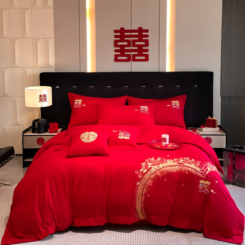 结婚四件套大红色婚嫁床上用品新婚婚房陪嫁被套床单婚礼被罩批发