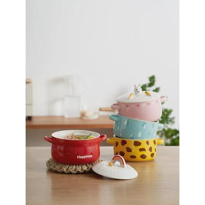 v3fp萌动泡面碗带盖学生宿舍陶瓷双耳方便面把手面碗可爱大容量