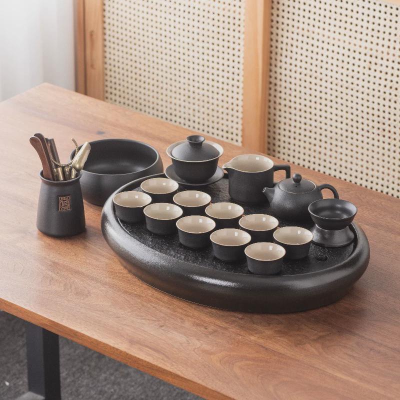 椭圆形乌金石茶盘家用新中式轻奢茶台陶瓷茶具套装储排沥水茶托盘