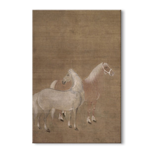 新中式玄关复古挂画茶室背景怀旧双马图装饰画极简寂风书房侘无框