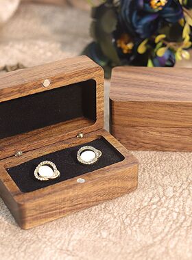 长方形婚礼对戒包装盒黑色饰品盒木质结婚戒指盒首饰收纳盒胡桃木