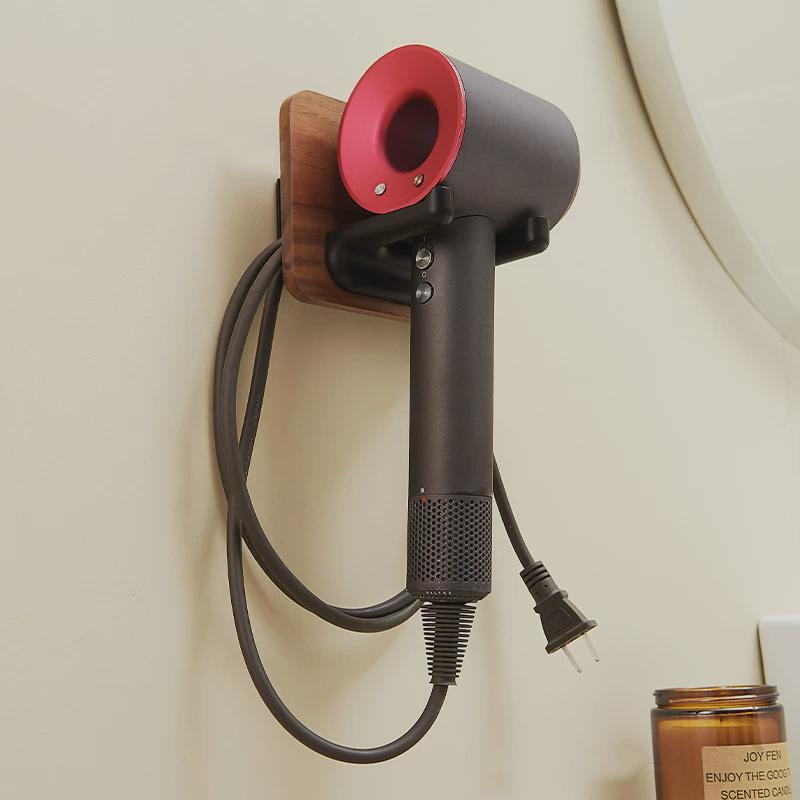 北欧卫生间风吹风机架胡桃木创意极简出原木风机置物架支架免打孔