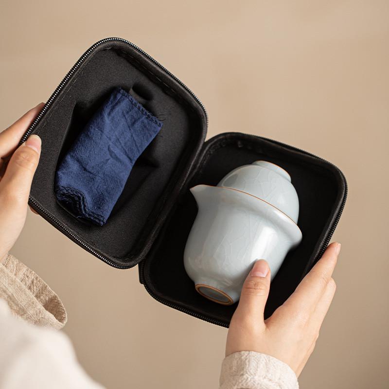 汝窑快客杯一壶三杯户外露营茶具套装喝茶装备陶瓷便携式旅行茶杯