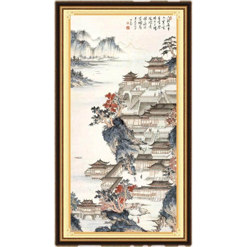 4y竖版苑汉图十字绣客厅玄关中国风情山水风景画线绣新款自己绣刺