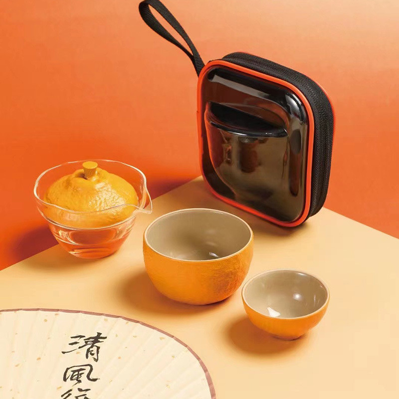 热销一杯柿子大吉大利玻璃旅行茶具单人户外商务陶瓷快客杯一壶万