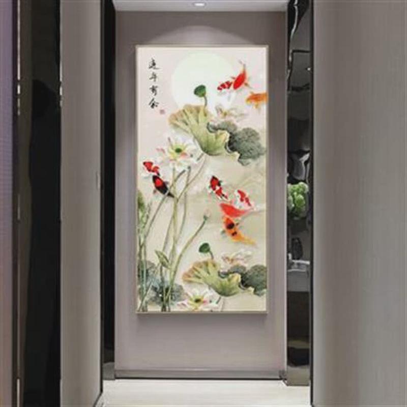 连年有余点玄关竖版钻石画满钻钻十字绣荷花九鱼图钻石绣贴钻画5d