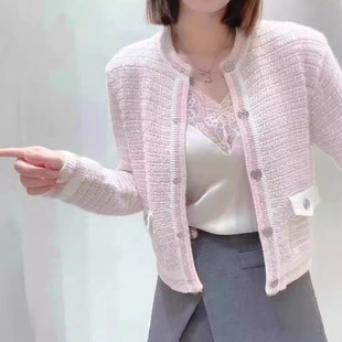 法单M家2023年秋冬新款 上衣 甜美粉色单排扣毛衣针织外搭开衫