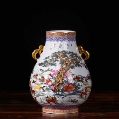 2024新款景德镇筒彩八骏图百鹿图双耳福珐琅陶瓷花瓶复古花器饰品