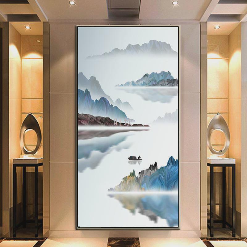 Y禊316D新中式山水玄关壁纸竖版走廊过道壁画进门意境墙布8D生财