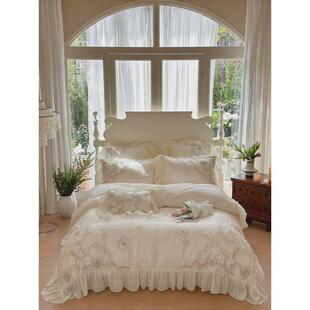 80支兰精天丝四件套高档法式刺绣浪漫少女粉色蓝白床上用品夏凉感