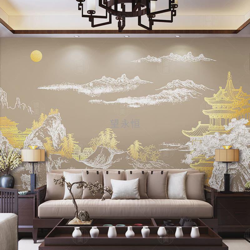 w網3w網3背景墙壁纸饭店墙布金色山水壁画客厅茶室新中式墙面卧室