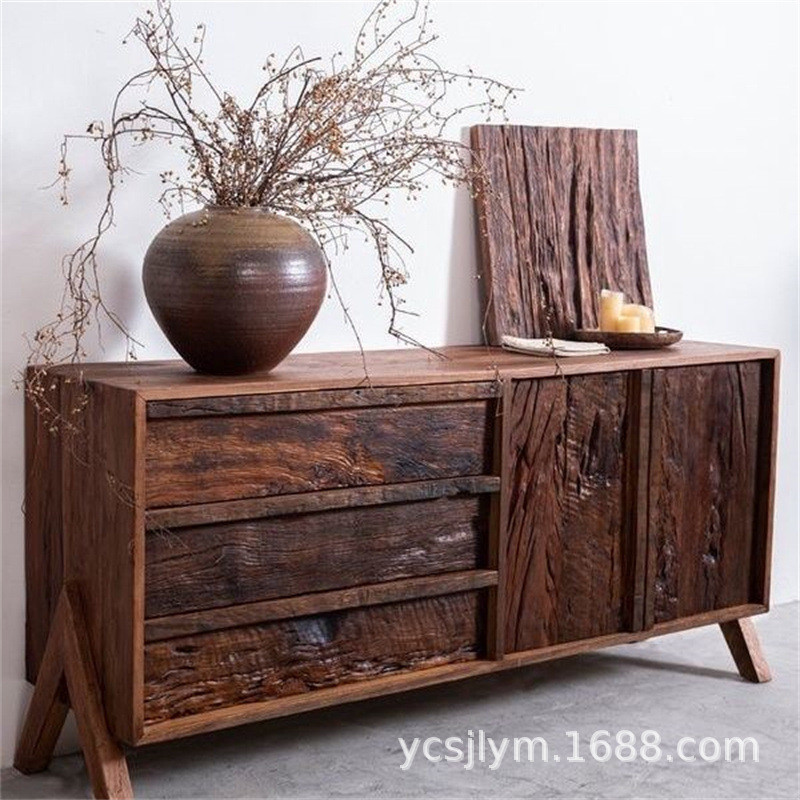 靠墙餐边柜客厅老榆木收纳柜新中式老门板茶水柜榆木家具斗柜