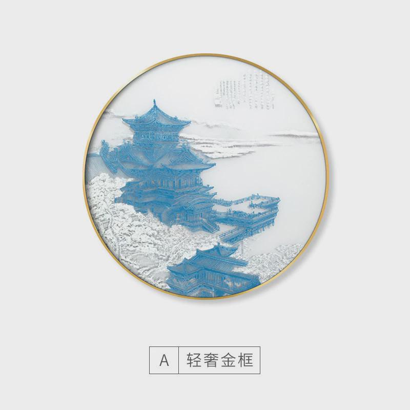 新中式实物画建筑复古丝绢立体肌理浮雕装饰画书房玄关圆形挂画图片