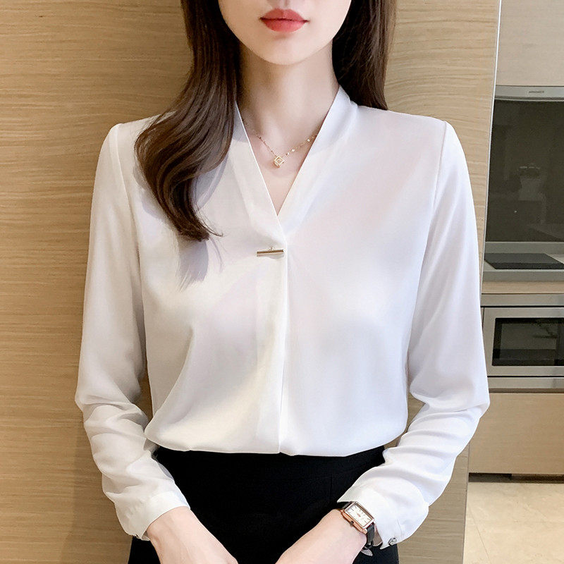 长袖白衬衫女气质职业装2025春款宽松V领雪纺衬衣工作服