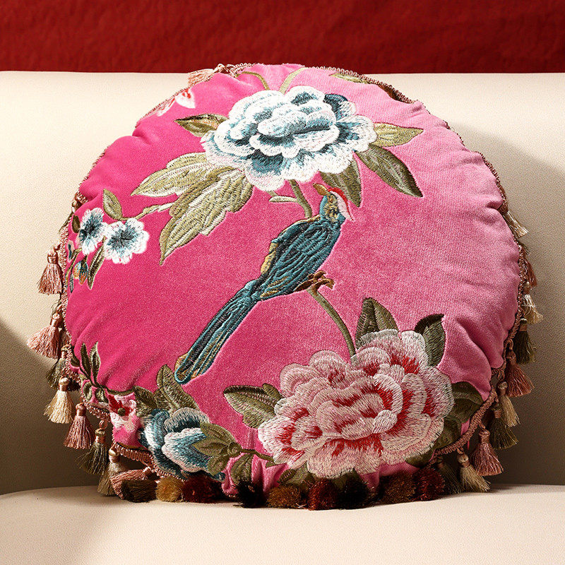 新中式花鸟刺绣圆形流苏抱枕客厅沙发靠垫腰枕含芯床头大靠背软包,居家布艺,靠垫/抱枕,淘宝优惠券,粉丝福利购,淘宝优惠卷