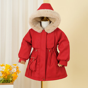 女童红色外套秋冬冬装 加绒加厚中大童儿童派克服大衣