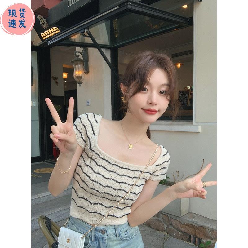 别致绝美夏季方领设计感镂空冰丝针织短袖T恤女短款甜辣小衫上衣