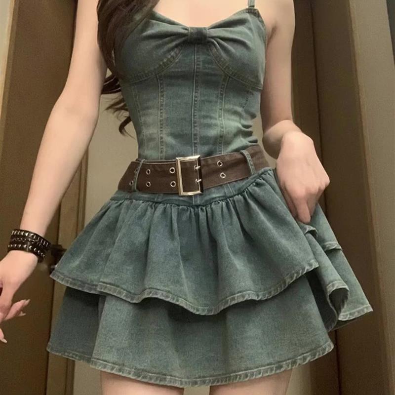 美式复古吊带抹胸牛仔裙连衣裙女夏季甜辣高腰显瘦小个子蓬蓬短裙