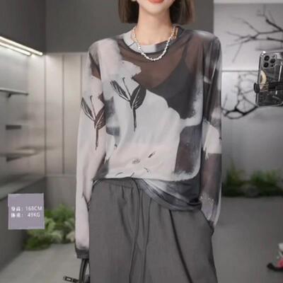 网纱扎染透气防晒衫女2025韩版夏季宽松圆领薄款印花长袖T恤上衣