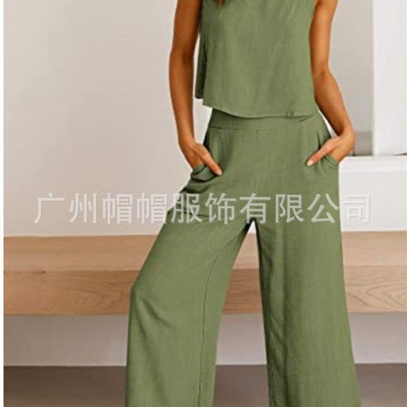 2022女式夏季 2 件套无袖背心露脐纽扣上P衣七分阔腿裤套装口袋