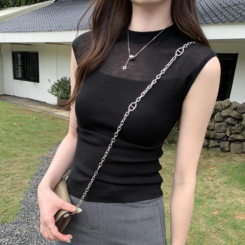 时尚性感薄纱拼接无袖针织衫女夏季新款高级感修身显瘦镂空上衣潮