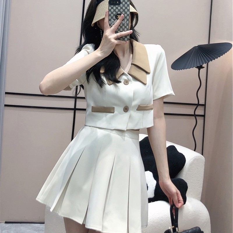 时尚套装女夏2025新款韩版短款小西装上衣+高腰百褶半身裙两件套