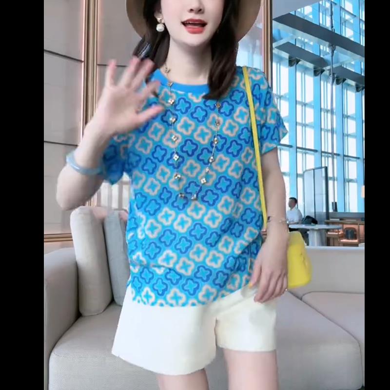 蓝色印花冰丝短袖t恤女夏季2025新款时尚洋气半袖体恤高级上衣感