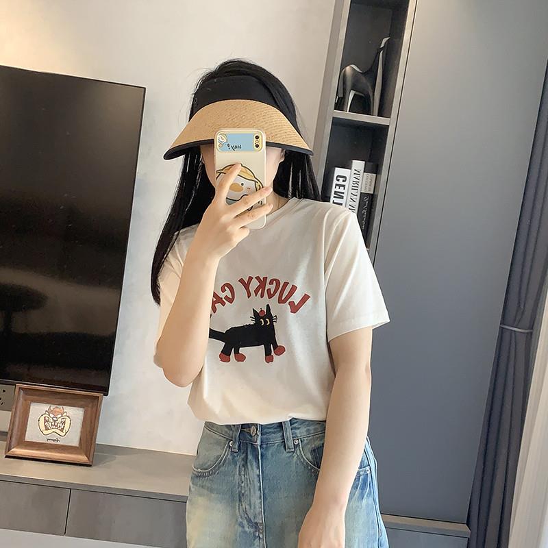 白色正肩短袖t恤女2025新款夏竹节棉卡通猫咪宽松半袖体恤薄款
