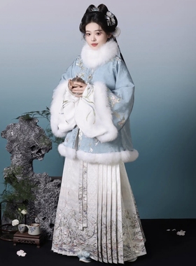 汉服女【晚香银狐】明制加绒加厚披袄琵琶袖里衣马面裙套装冬季款