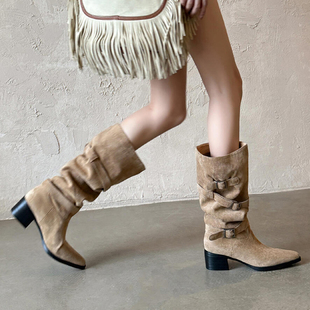 韩版 羊皮版 废土风高筒堆堆女靴真皮超软骑士靴女粗跟过膝长靴子